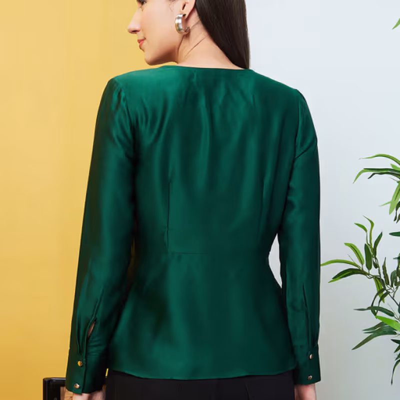 Women Long Cuffed Sleeves V-Neck Wrap Party Top