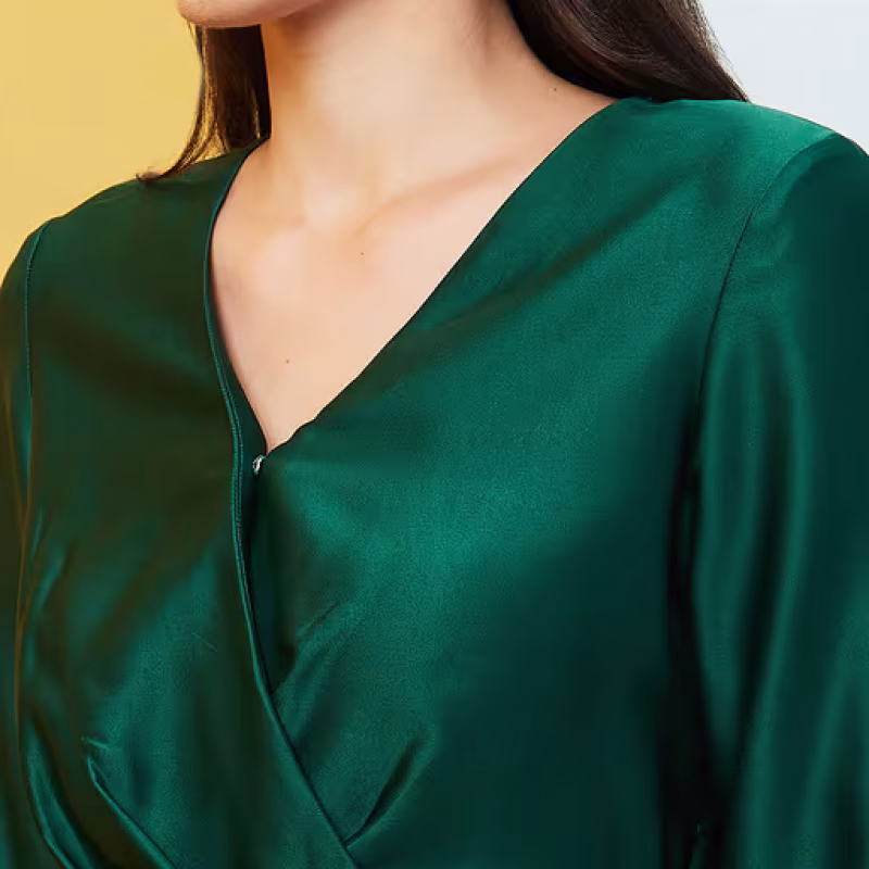 Women Long Cuffed Sleeves V-Neck Wrap Party Top