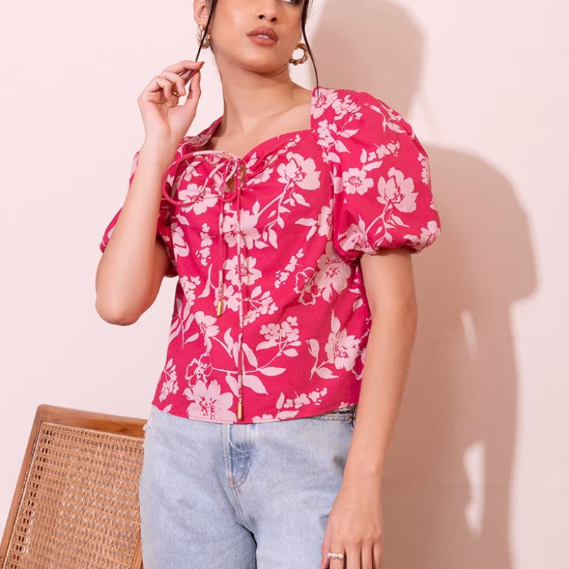 Hot Pink Floral Print Puff Sleeve Cotton Top