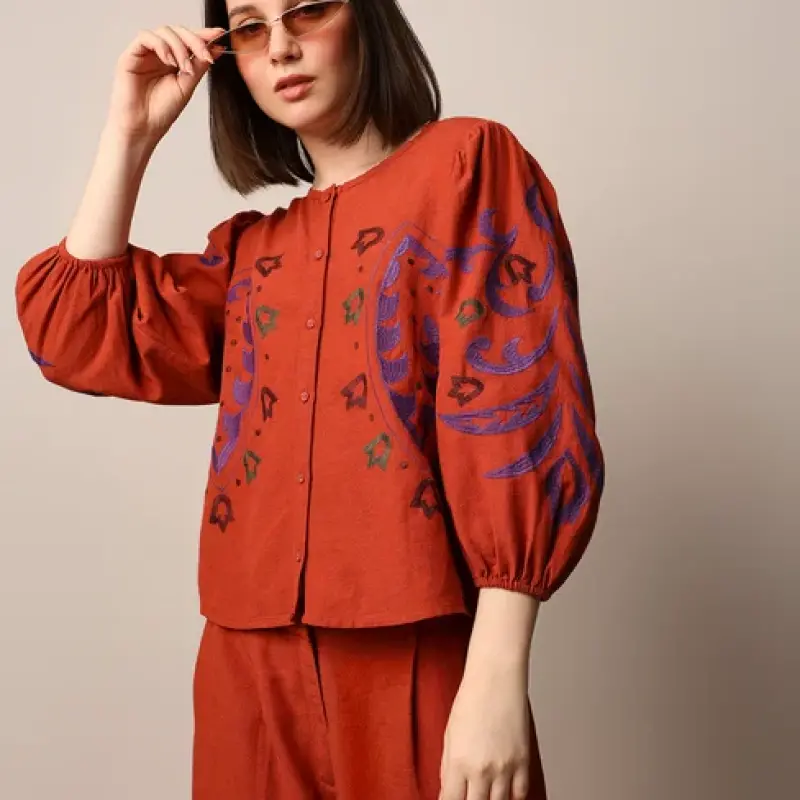 Red Embroidered Co-ord Set Top