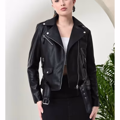 Crop Leather Jacket with Belt