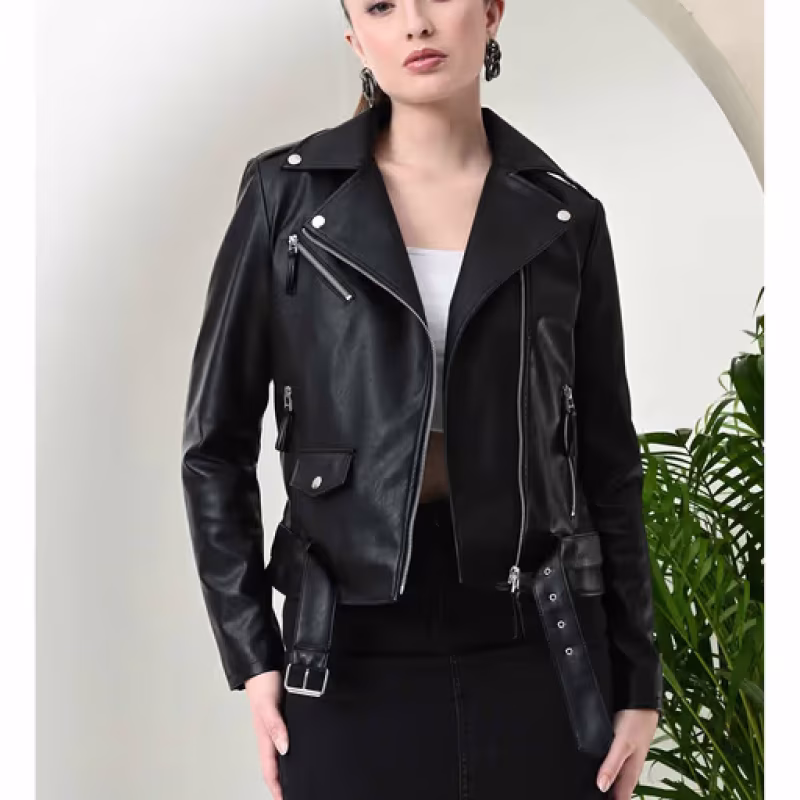 Crop Leather Jacket with Belt