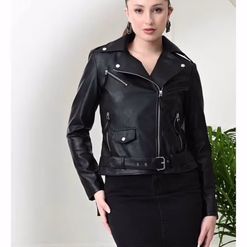 Crop Leather Jacket with Belt